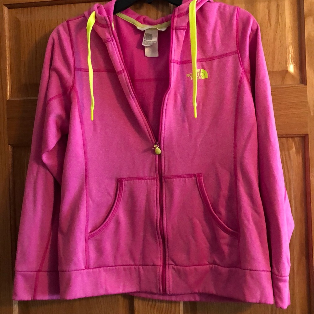 Pink with like green accents North Face zip-up hoodie